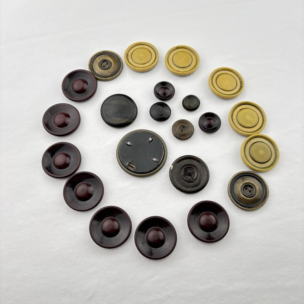 Vintage‎ Composite Button Lot ~ 22pc Mixed Bakelite Era Brown Black Metal Shank